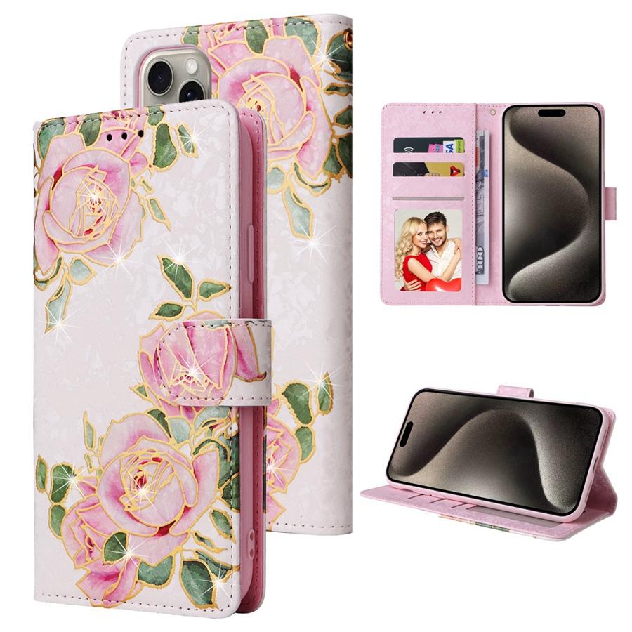 Funda de teléfono de lujo con diseño de flores en relieve para iPhone 16, 15, 14, 13, 12 y 11, Samsung S25, S24, S23, A16, A15, A14, A56 y A55, con tarjetero y bloqueo RFID.