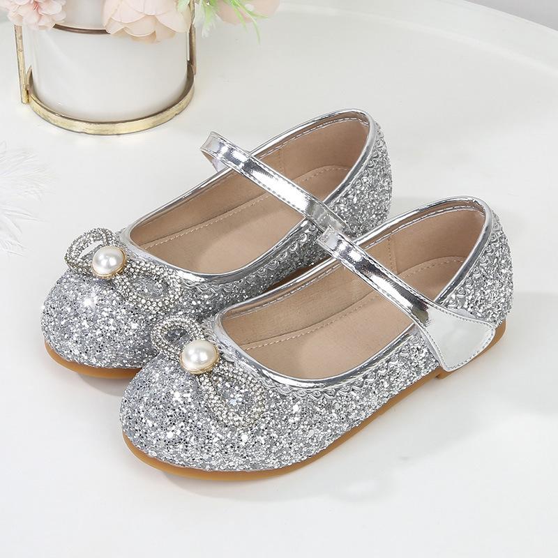 Kids Princess Shoes 2024 Spring New Little Girls Soft Crystal Shoes Flats Silver Children Mary Janes for Party Wedding Shows PU