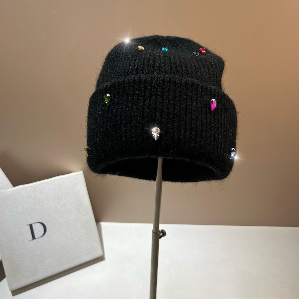 Paris Colored Diamond Light Luxury Winter Rabbit Fur Knitted Hat Personalized Youth Colorful Sweet Cool Design Wool Hat