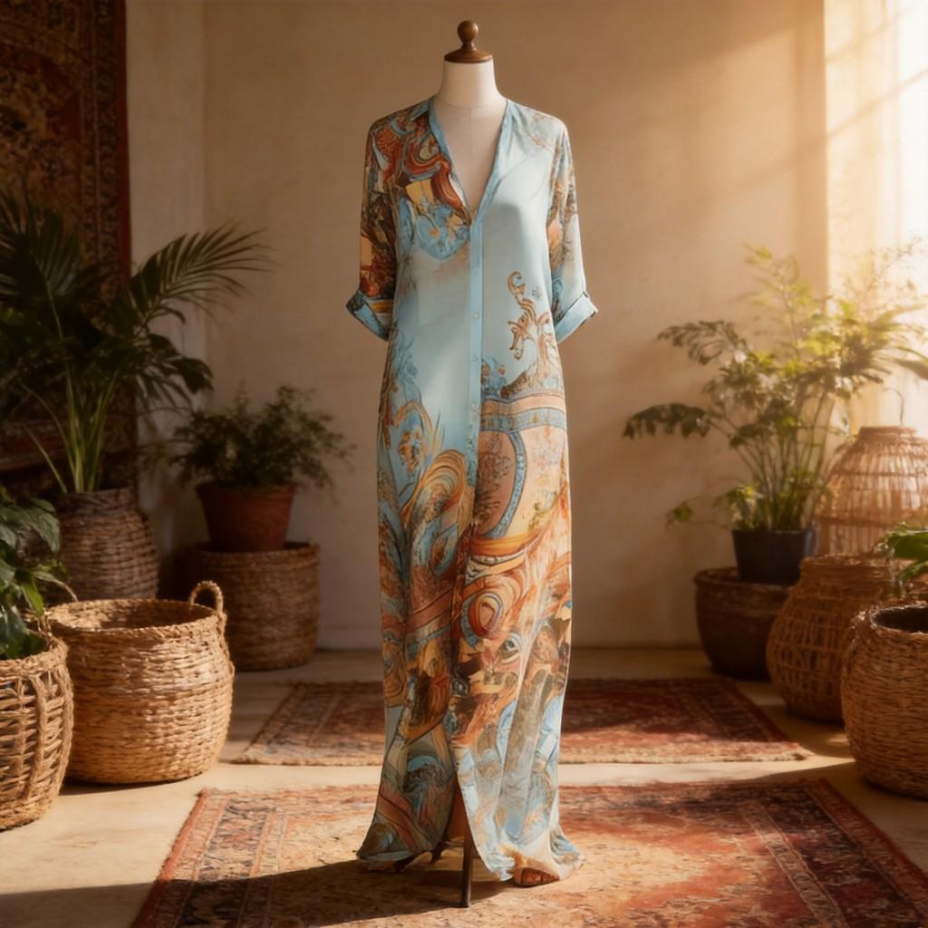 Vintage Chiffon Print Dress With Splicing Design For Casual Travel And Date Nightwear
