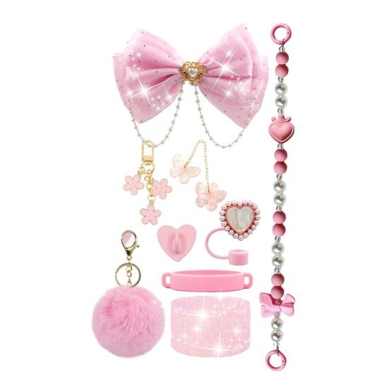 1 Set Tassenhülle Funkelnde Strasssteine Schleife Plüschball Dekoration Kunstperlen Lanyard Tassenzubehör mit Silikonboden-Schutz