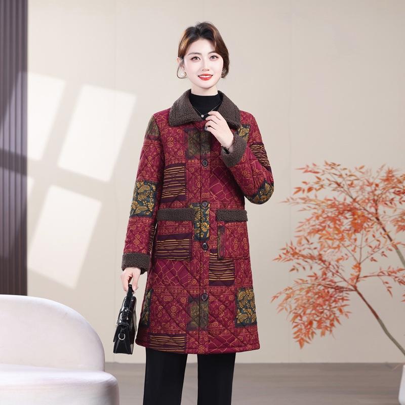 Mom's Thickened Mid-Length Winter Cotton Jacket with Fleece Lining, Plus Size, Warm Coat for Elderly Women
