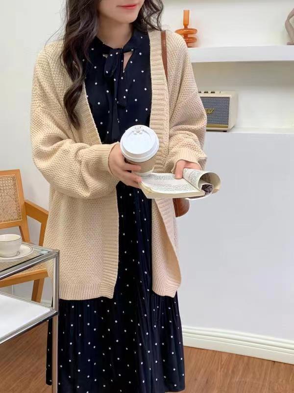 Francouzský retro kardigan střední délky z hrubé pleteniny - Podzimní/zimní pohodlný dámský svetr