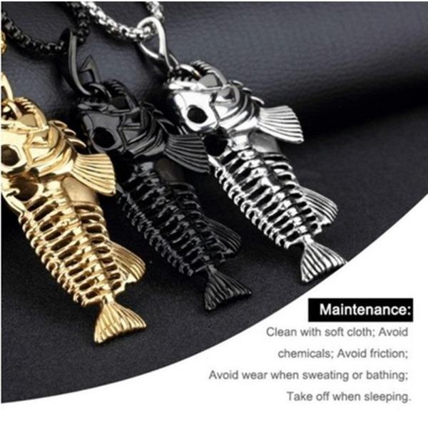Fish Bone Fish Skeleton Pendant Surfer Chain Necklace Gold Black Unisex Jewellery