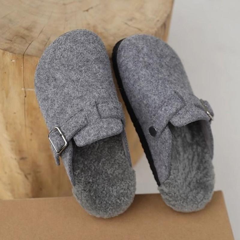 Kidmi Women's Slippers Comfortable and Versatile Outdoor Shoes Winter New Grey Leather Shearling Closed-toe Felt Soft Mules