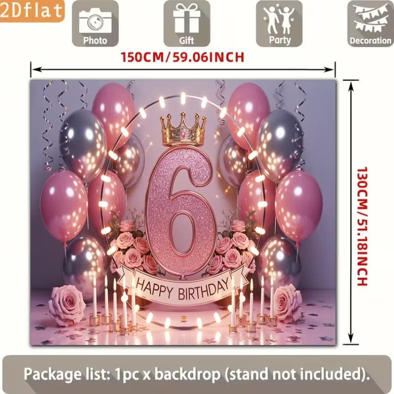2D 6th Birthday Photography Backdrop, Pink and Silver Balloon with Light Ring Background