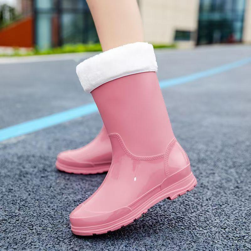 Women's New Low Heel High Top Rain Boots Thick Sole Non Slip Waterproof Detachable Cotton Cover Kitchen Work Shoes Garden Shoes