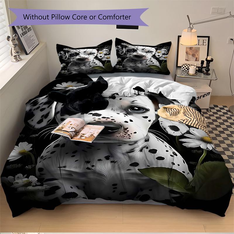 3pcs Dalmatian Puppy with Daisies Comforter Set, Includes One Quilt Cover and Two Pillowcases (No Core), Anime Cartoon, Bedroom and Guest Room
