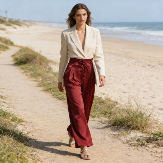 Women Pants High Waist Lace-up Casual Wide Leg Trousers with Pockets Pure Color Design Loose Fit Long Pants Daily