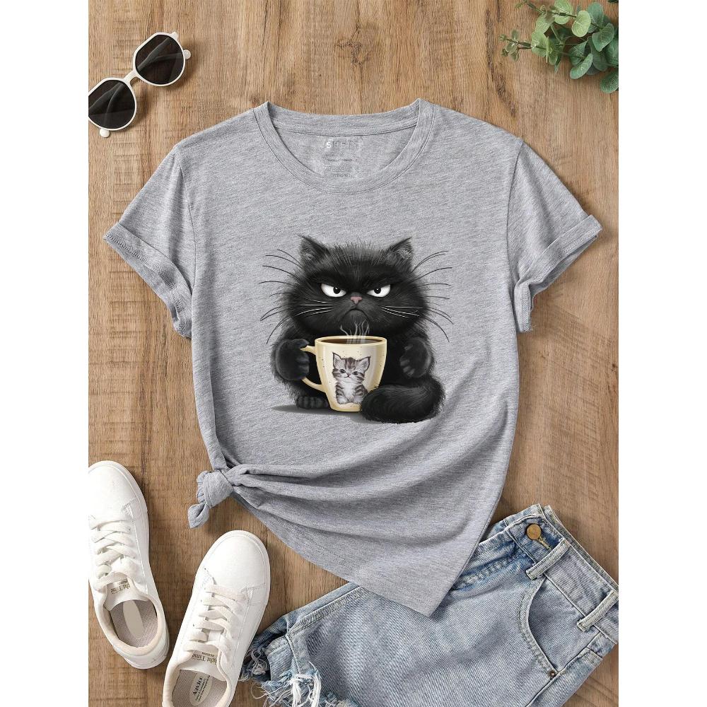Cute Coffee Drinking Cat Women's T-shirt Summer Fashion Short-sleeved Casual Women's Clothing