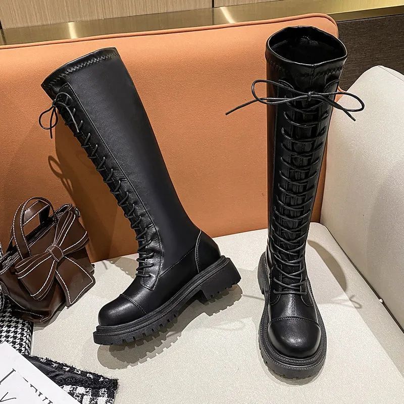 Fashion Round Toe Leather Knee High Shaft Shoes Woman New Rock Goth Long Boots for Women Designer Luxury Footwear Fashion 2025 Y2k Boot