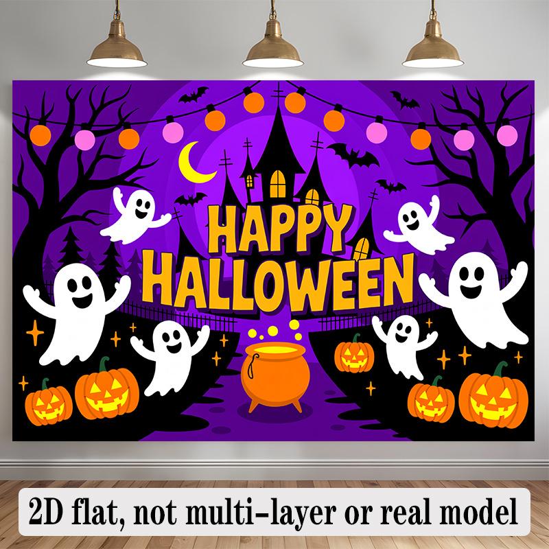 Party Backdrop Halloween Castle Purple Flat Banners Spooky Ghosts Pumpkins Celebrations Event Backdrop Decoration Front Door Decor