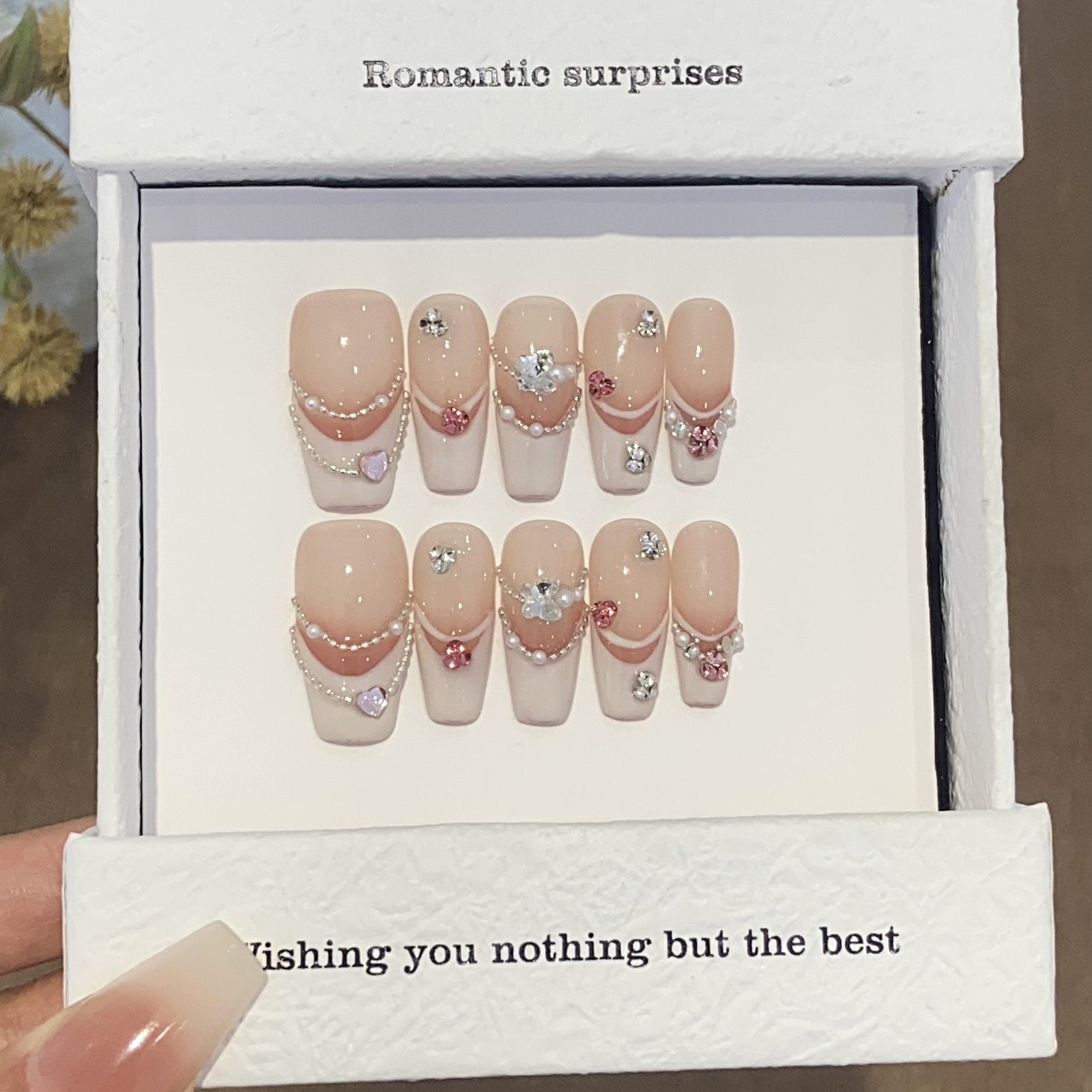 

Простая градиентная цепочка из чистого жемчуга, французский розовый бриллиант, милый купидон, наклейка для ногтей L