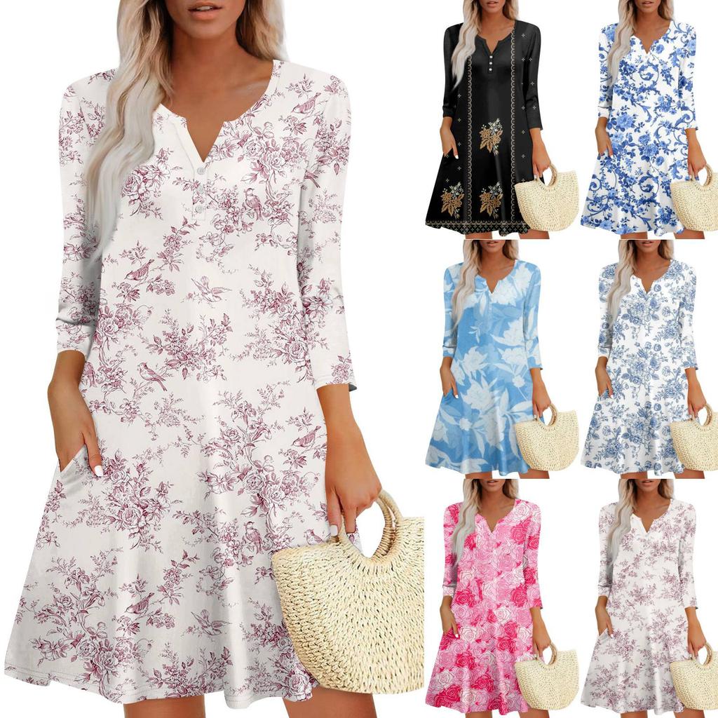 Women's Summer Dress Loose V Neck Three-quarter Sleeve Sundress With Pockets Dress