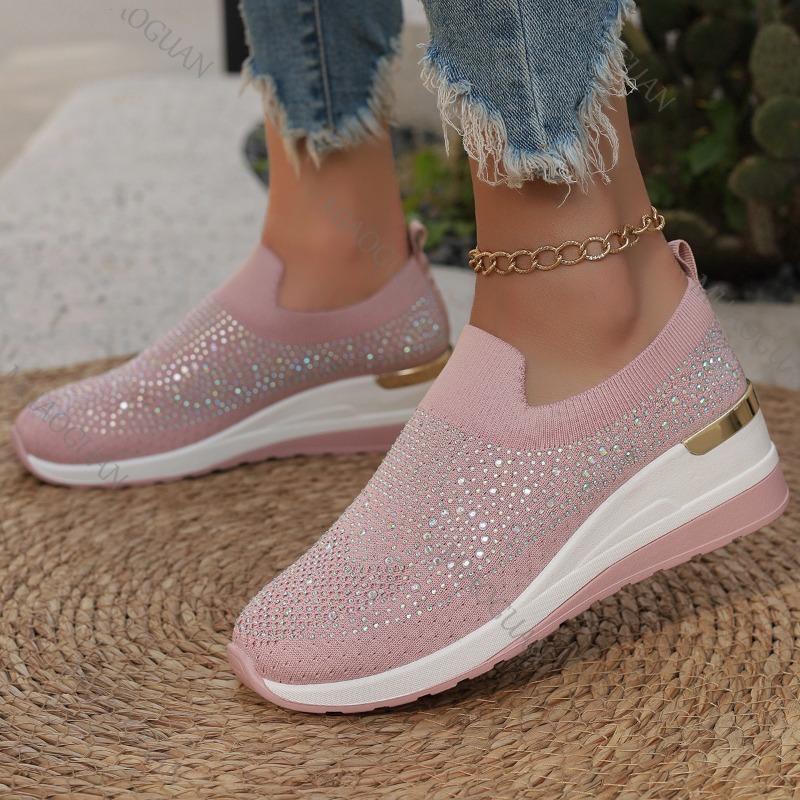 Fashion Rhinestone Casual Sneakers Mesh Breathable Wedge Women Lightweight Shoes New Comfortable Spring Slip On Sports Vulcanize Shoes