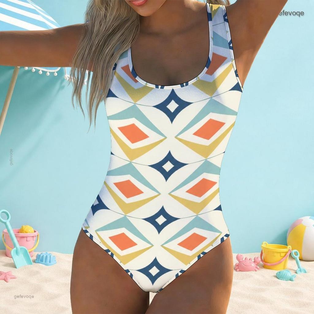 Women Plus Size Geometric Printed Scoop Neck Wide Strap One Piece High Cut Swimsuit