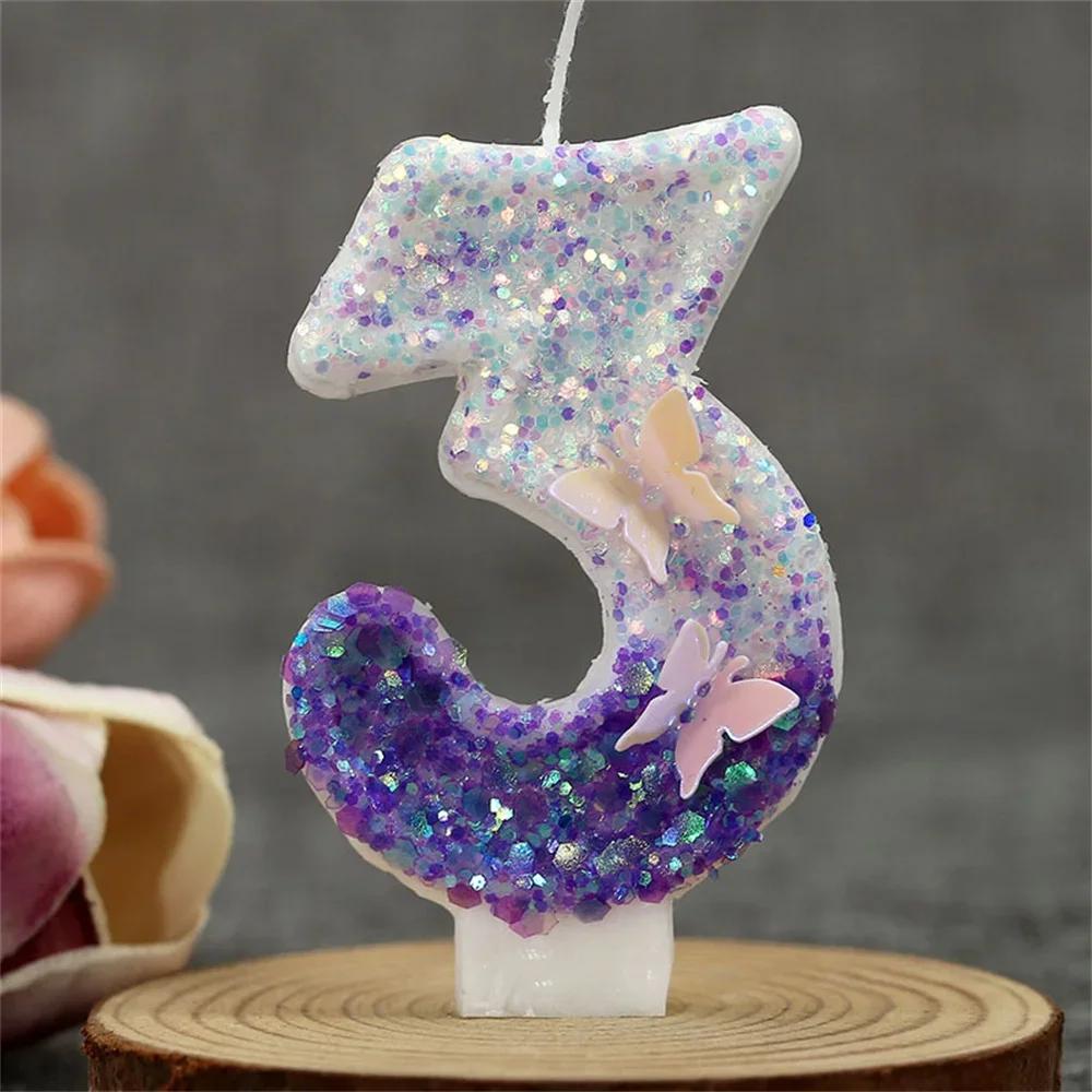 1 ks Fialová třpytivá svíčka na dort s motivem motýla, čísla 0-9, ozdoba na dort, svatební dekorace, dekorace na oslavu miminka, dětskou narozeninovou oslavu, pro holčičku