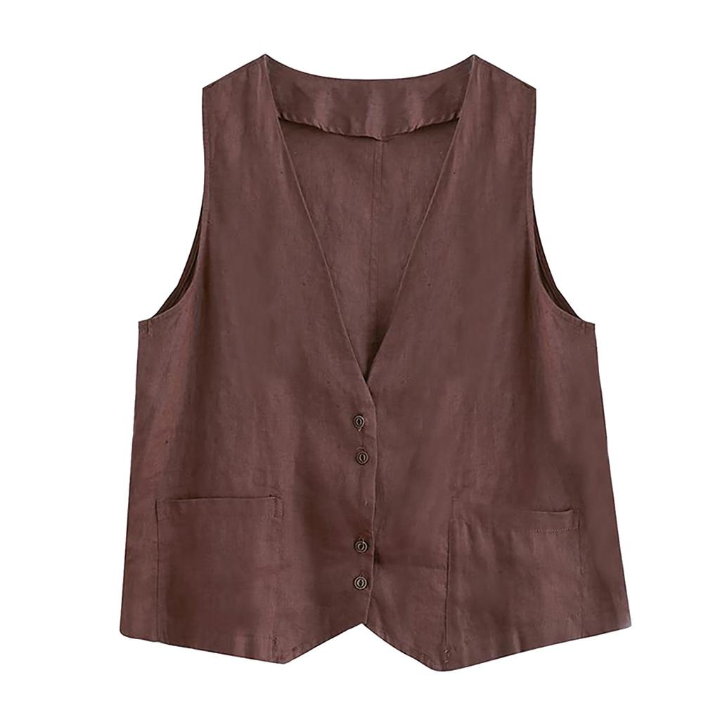 Ärmellose Damen-Weste aus Baumwollleinen mit Knopfleiste und V-Ausschnitt