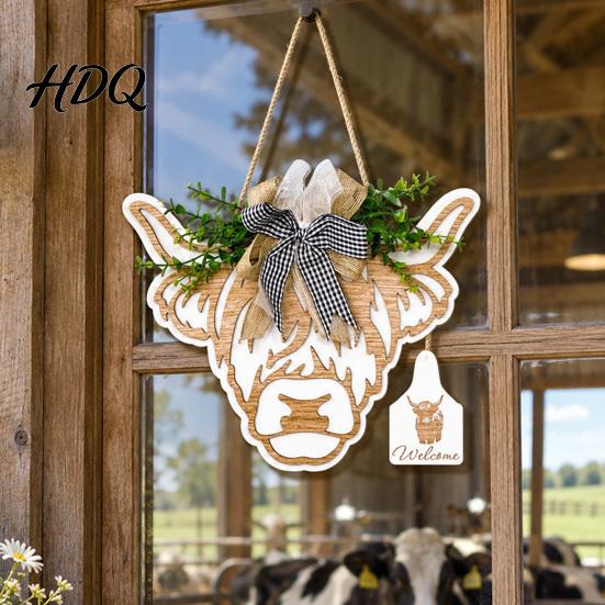 Rustic Wooden Ornament with Green Leaves Highland Cow Welcome Sign Hanging Sign Bow And Porch Decoration for Home Artificial Leaves Farmhouse Front
