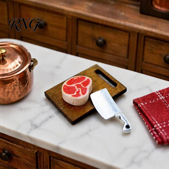 Mini Steak And Knife Set 3Pcs/Set Cutting Board, Tiny Board Cleaver Steak, Doll Miniature Kitchen Counter Accessories Mansion Accessories, Realistic