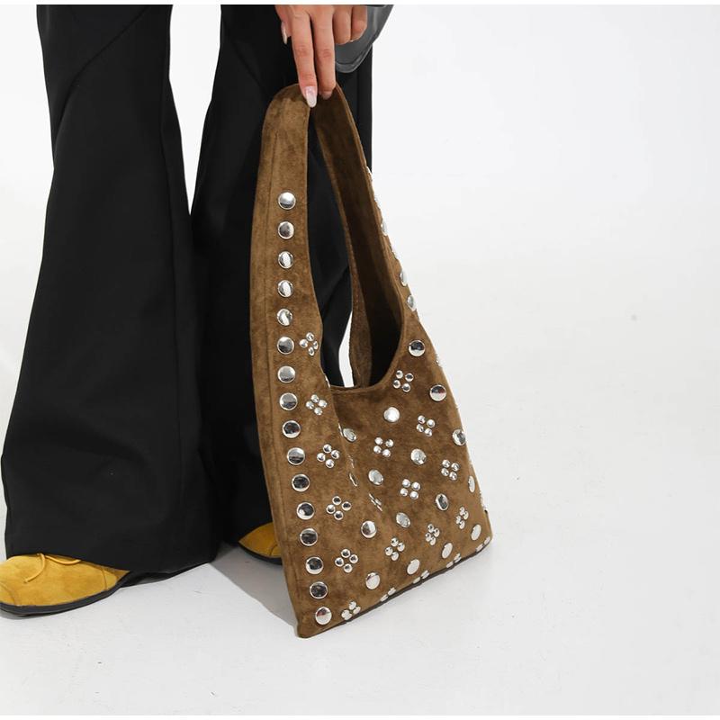 European American Fashion Tote Bags Stylish Shoulder Bags With Studs Dots New Suede Handbags Versatile Solid Color Commuter Bags