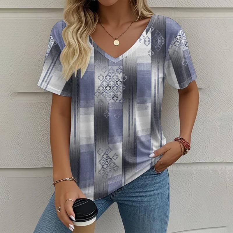 Women's V-neck Short Sleeved 3D T-shirt Checkered Print Summer Clothing Striped Women's T-shirt Street Top