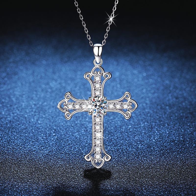 Women's PT950 Platinum Necklace - 1 Carat Moissanite Cross Pendant, Stylish & High-End Vibe, Elegant Statement Jewelry