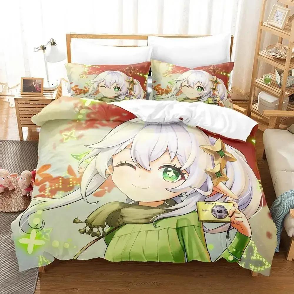 Leicht Atmungsaktiv Neues Spiel Nahida Genshin Impact Cartoon Anime dreiteilig Erwachsene Kinder Schlafzimmer-Sets 3D Kawaii Mädchen Bettdecke