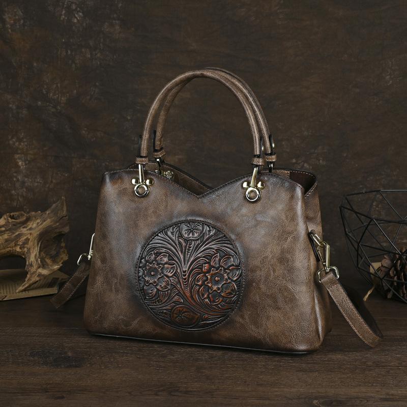 

Johnature Vintage Handmade Embossed Женская кожаная сумка Универсальные элегантные сумки большой вместимости через плечо и через плечо кофейный