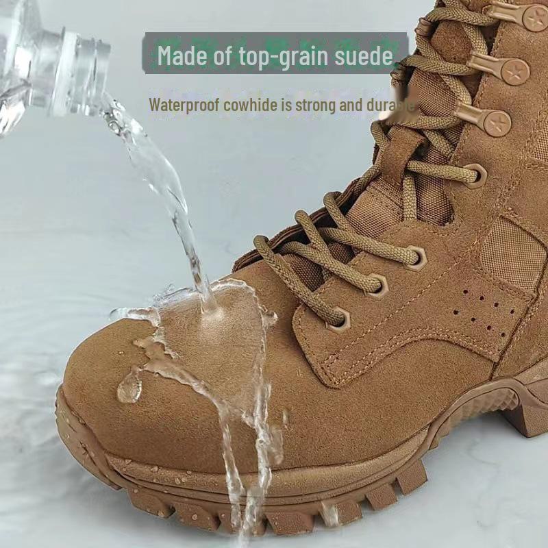 Men's Genuine Brown Leather Waterproof Combat Training Boots with Side Zipper - Sand Color for Outdoor, Mountaineering, and Desert Use.
