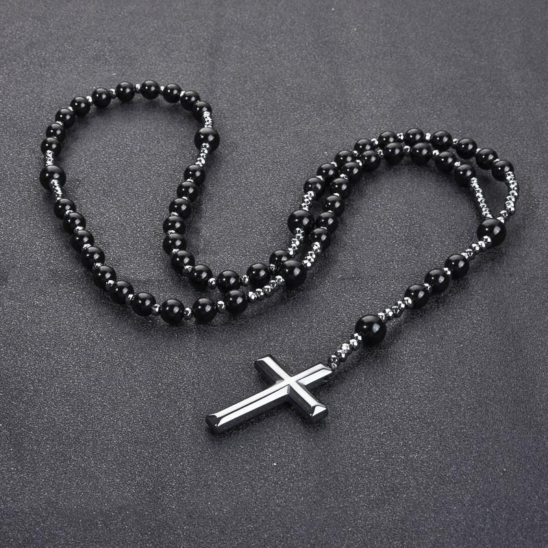 Collana di Perle Occhio di Tigre Nero con Ciondolo a Croce Fatta a Mano per Uomo e Donna