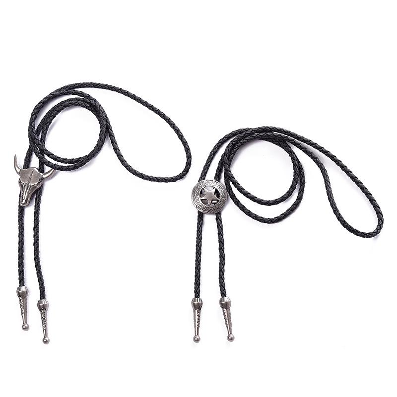 Creative Bullhead Leather Cord Tie Necklace - Retro European and American Design