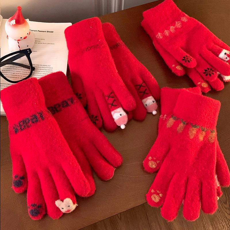 Cute Red Knitted Gloves for Women In Autumn and Winter with Velvet Fingers To Keep Warm for Students While Riding Windproof and Coldproof