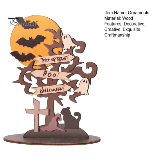 Stable Wooden Desktop Ornaments Halloween Moon Bat Ghost And Dead Tree Tabletop Ornament, Reusable Holiday Wood Crafts Decorative Table Centerpiece