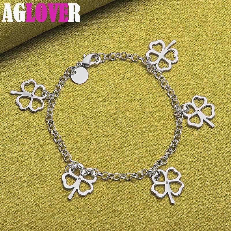 925 Sterling Silver Five Lucky Clover Flowers Pendant Bracelet Chain Jewelry
