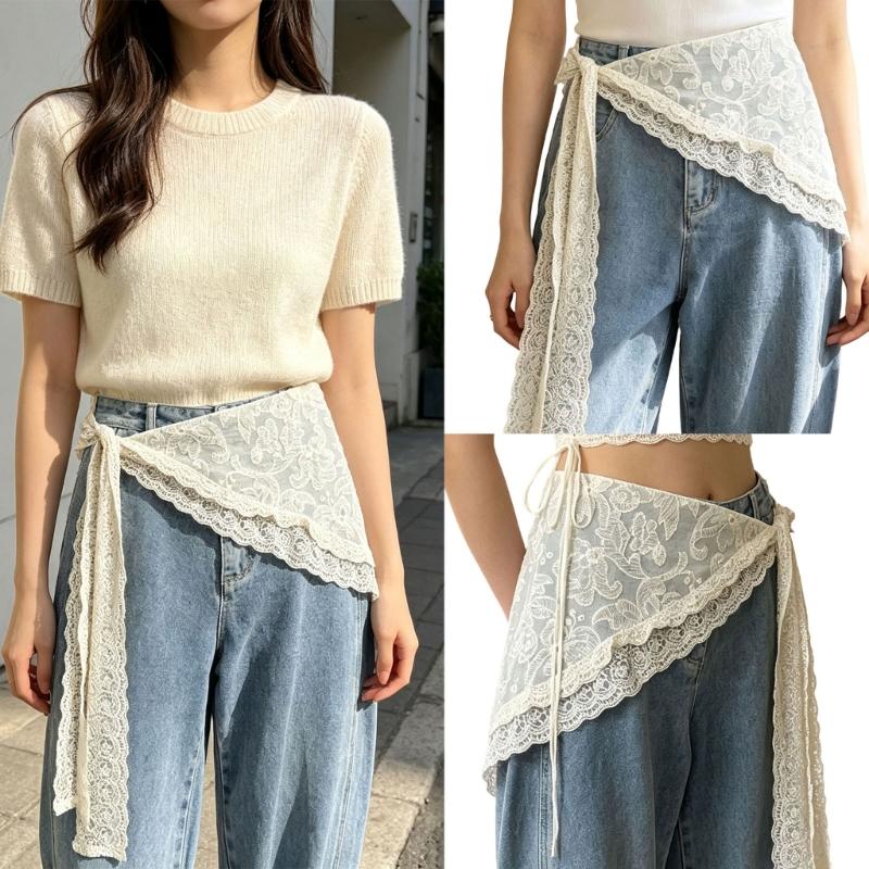 Lace Wrap Belt for Women, Adjustable Waist Scarf with Scalloped Edge and Long Ties, Lightweight Accent for Dresses, Blouses and Jeans