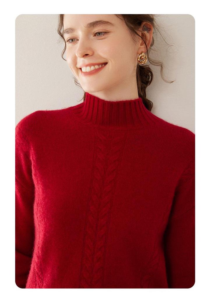 Damen Kaschmir Zopfmuster Pullover - Herbst/Winter 2024, Verdickter Sieben-Gauge Doppelgarn, Halbhoher Kragen Pullover.