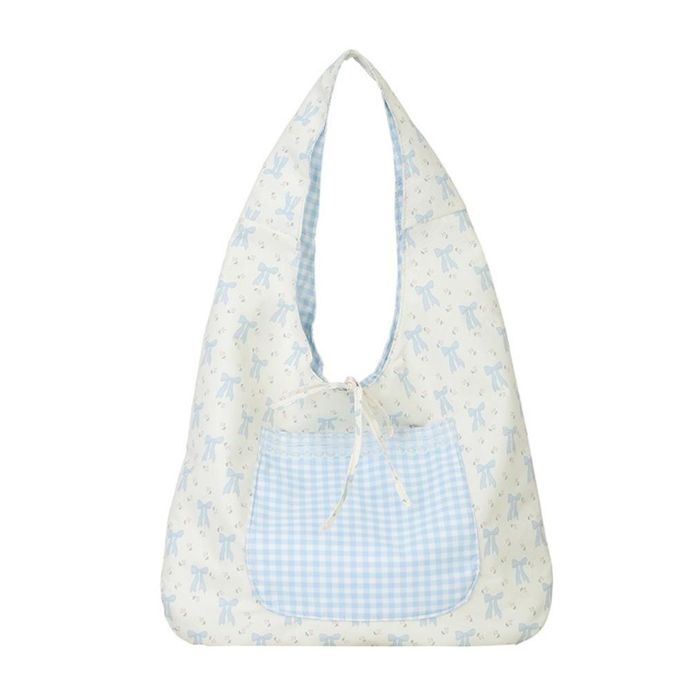 Sweet Plaid Nylon Vest Pouch Lace Decoration Tote Bag Simple Women Bow Printed Handbag  Storage