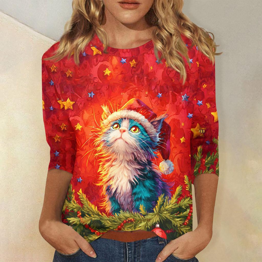 3/4 Sleeve Shirts For Women Print Christmas Tees Blouses Casual Plus Size Basic Tops Pullover