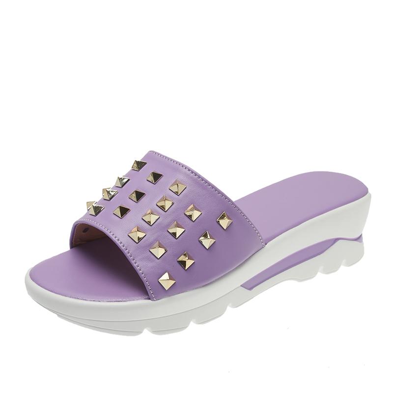 Fashion 2025 Summer Fashion Punk Style Rivet Design Word Slippers New Women's Leisure Wedge Multi-color Plus Size Beach Slippers