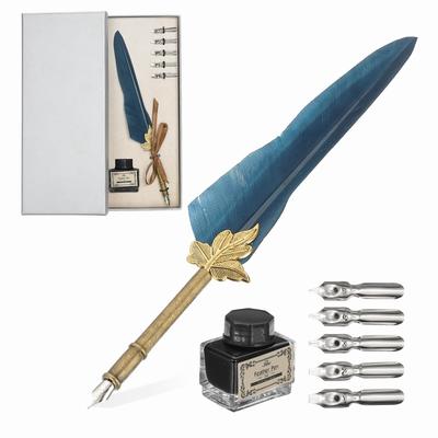 PATIKIL Feather Pen 1 Vintage Feather Calligraphy Fountain Dip Pen Pen Replacement for Beginner Writing Navy Blue Set, Set, Pen, Set, Ink, Holder,