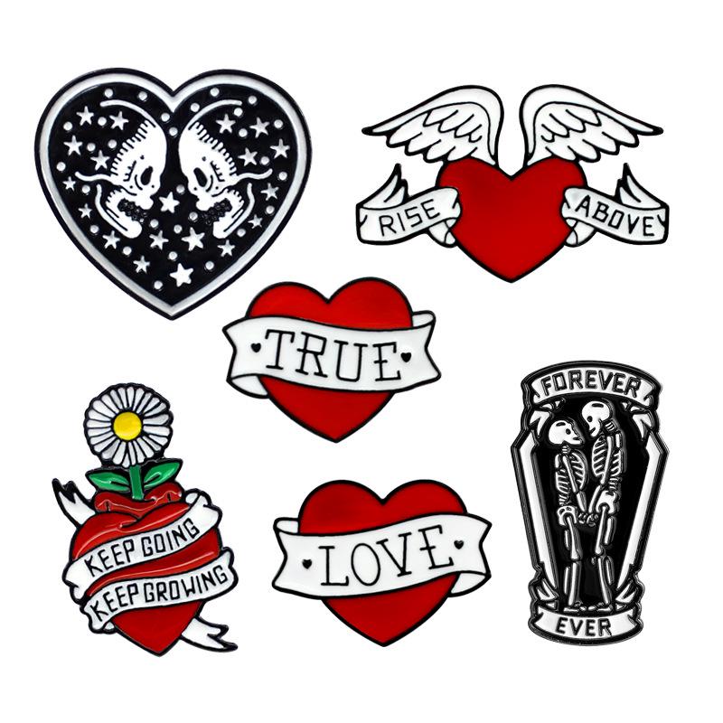 Red Heart, Black & White Skull, and Star Brooches: European & American Clothing Accessories