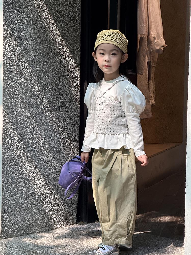 Tricou de fete cu mâneci bufante cu buline - Stil coreean de toamnă