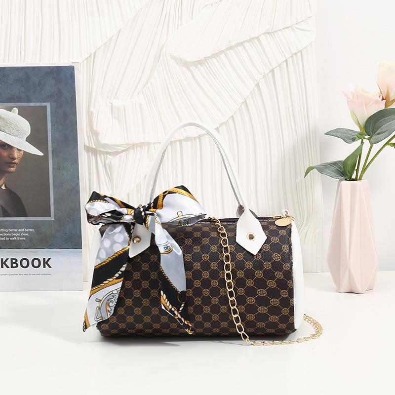 

Retro fashion silk scarf printed shoulder crossbody portable women s bag new chain cylinder bag белый