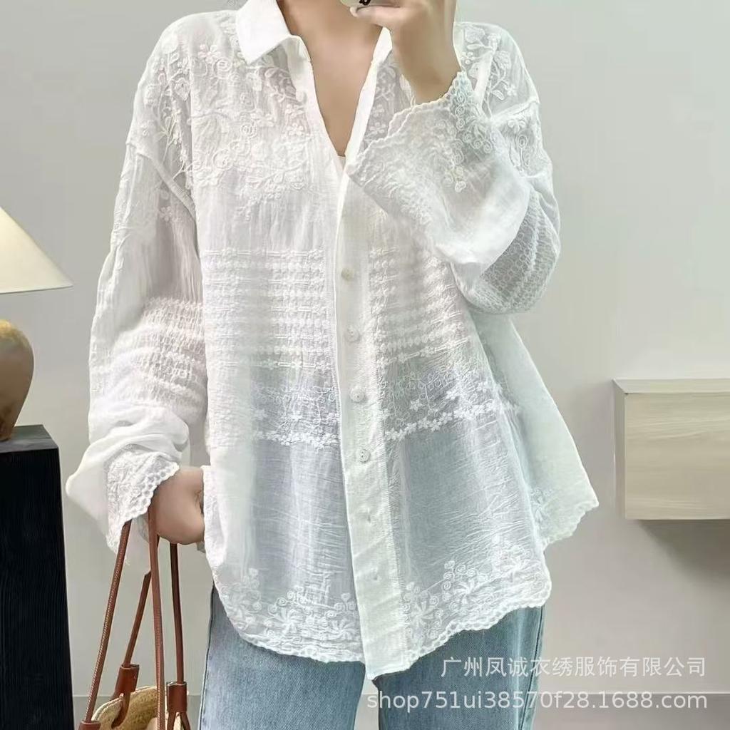 Spring Summer Shirt Women Lace Blouse Long Sleeve Basic Fashion Tops Tees Casual Loose White Tees