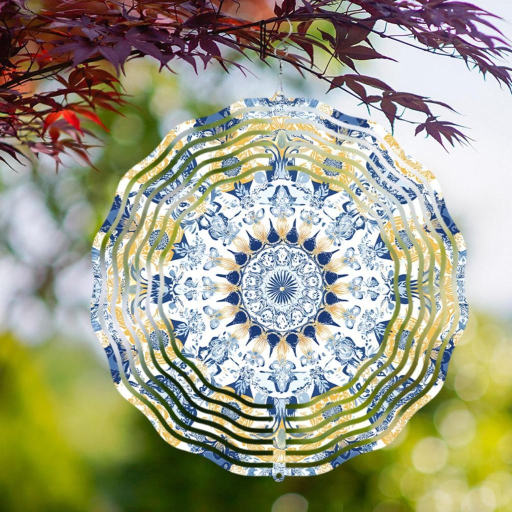 Blue and Golden Mandala Metal Wind Chime Handcrafted Outdoor Garden Decor with Intricate Floral Design Golden Accents Durable Wind Chimes
