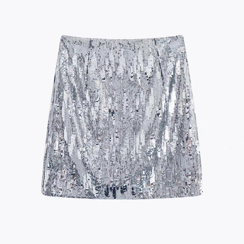 

Silver Sequin Embroidered Velvet Lurex Bodycon Mini Skirt - Spring 2025 Slimming Flattering Women s Fashion XS