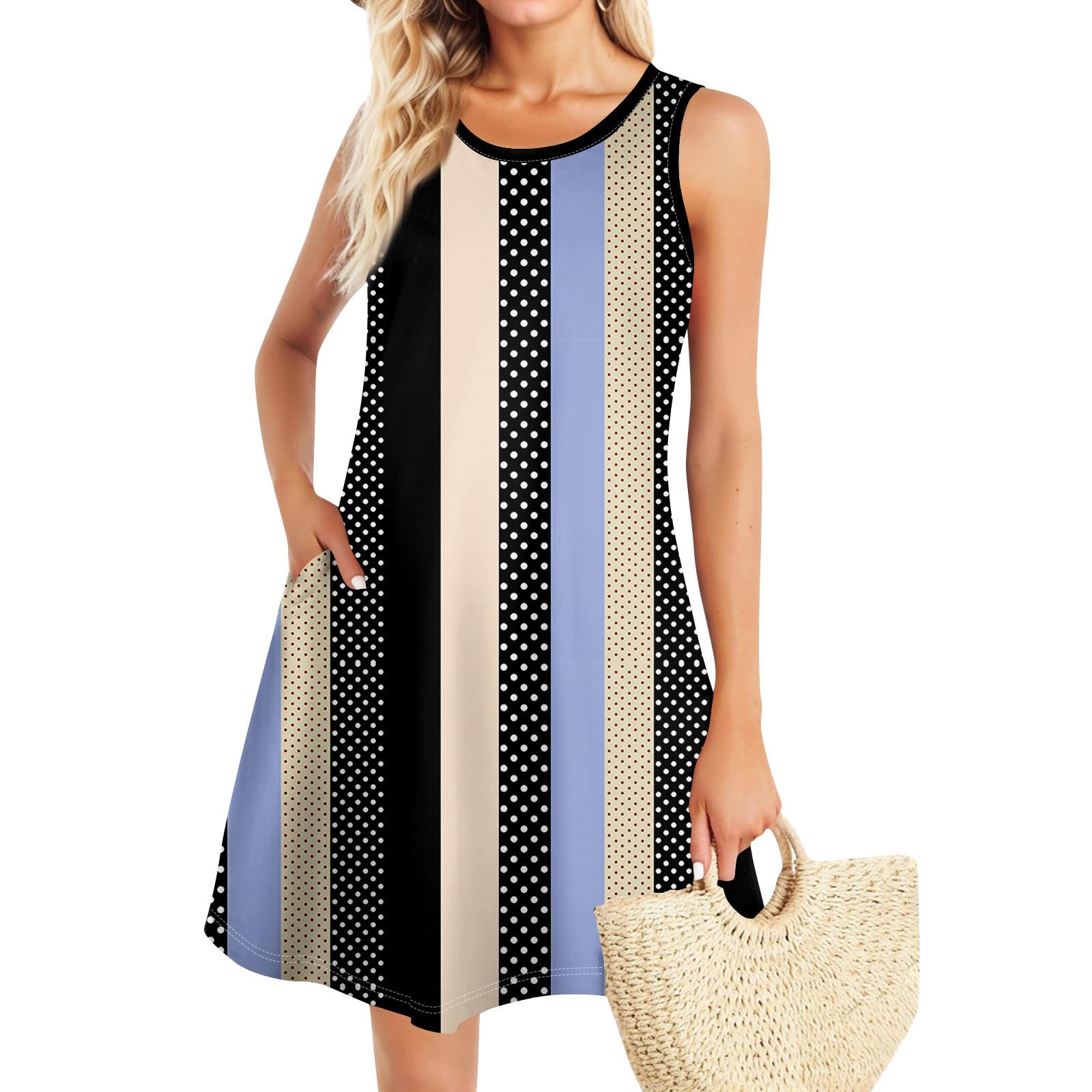 

Летние платья для женщин Пляжный Бохо без рукавов Винтажный принт Футболка с карманами Сарафаны-майки L синий