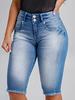 Damen High Waist Skinny Jeans-Shorts Leichte Dehnung Doppelknopf Fransen Bermuda-Shorts Lässige Jean-Shorts mit Tasche