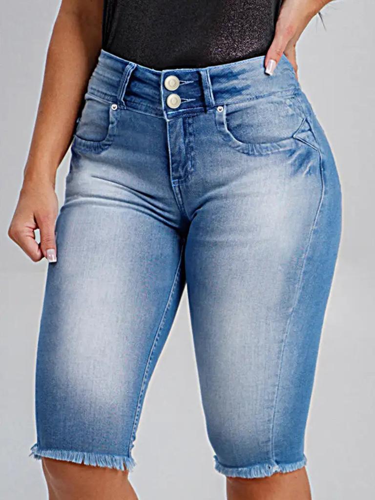 Damen High Waist Skinny Jeans-Shorts Leichte Dehnung Doppelknopf Fransen Bermuda-Shorts Lässige Jean-Shorts mit Tasche
